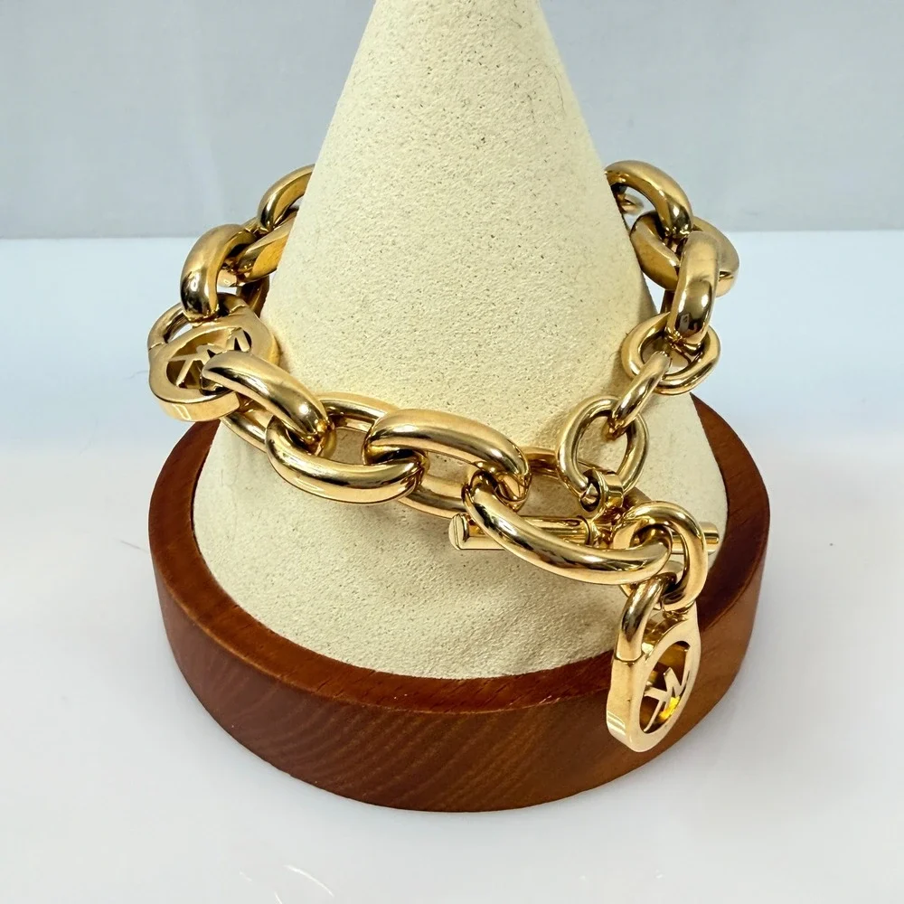 Michael Kors Gold Tone Chunky Chain Bracelet MK Logo Toggle Clasp 6.5